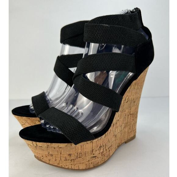 Rouge 8.5 Black Strappy Sling-back Stretch Cork Platform Wedge Women's Shoes - Picture 3 of 9